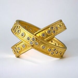 FREIDA ROTHMAN Criss cross Overlapping Ring Gold Sterling Silver Rhinestone 7
